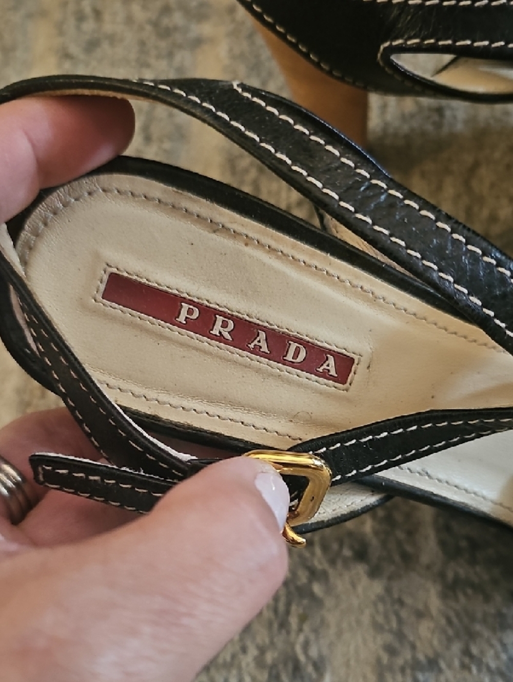 Prada Black Leather Platform Slingback Heels with Wood-Effect Block Heel - Picture 2 of 5